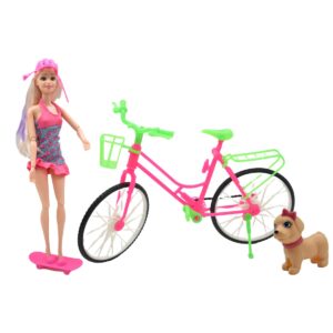 Muñeca Con Bicicleta, Skate, Accesorios Y Mascota Perro