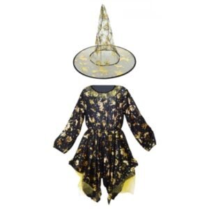 Disfraz de bruja, vestido negro y dorado con red y gorro para niñas