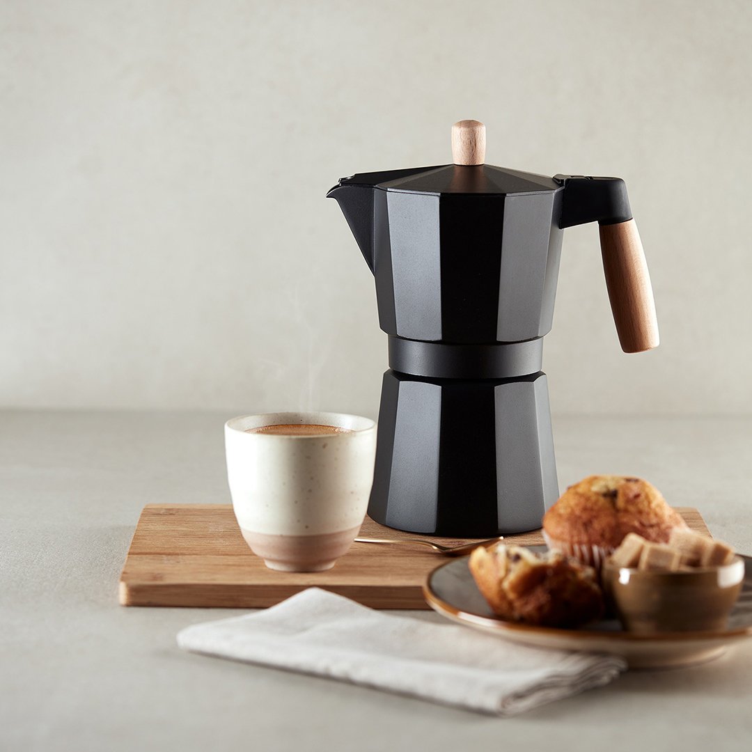 Cafetera Italiana Negra de 6 Tazas Con Mango Madera - Imagen 4