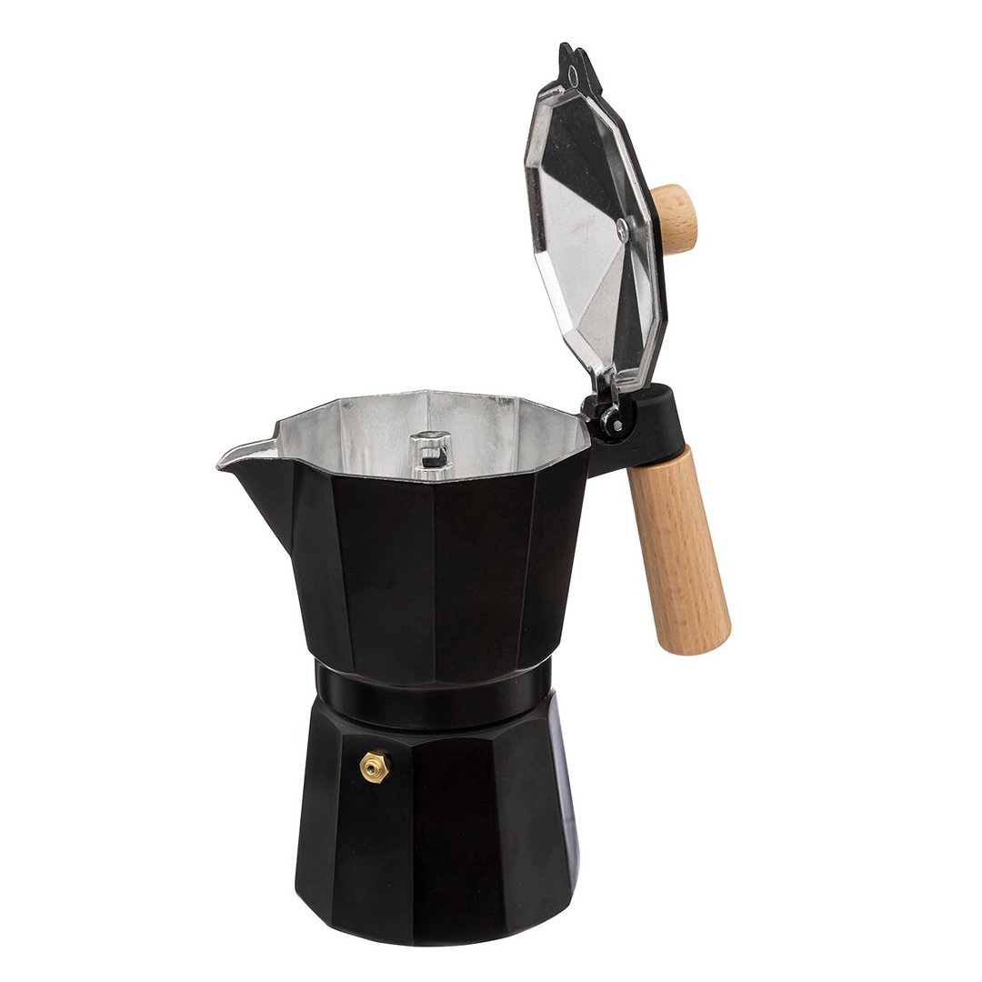 Cafetera Italiana Negra de 6 Tazas Con Mango Madera - Imagen 3